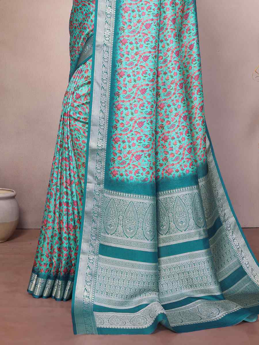 Sky Blue Vichitra Silk Digital Printed Work Festival Wedding Fancy Heavy Border Saree