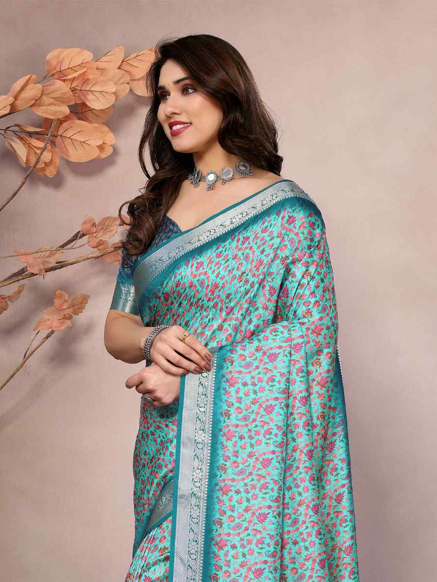 Sky Blue Vichitra Silk Digital Printed Work Festival Wedding Fancy Heavy Border Saree