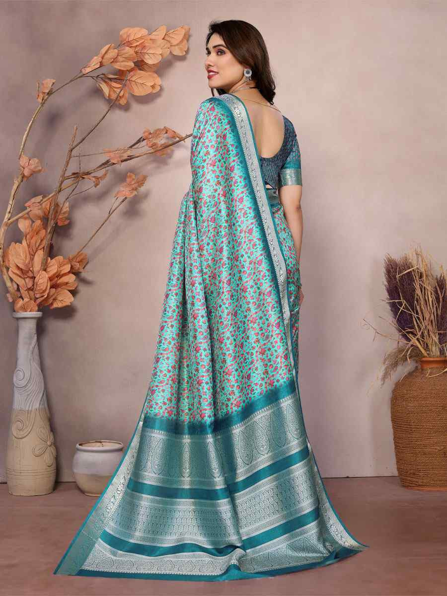 Sky Blue Vichitra Silk Digital Printed Work Festival Wedding Fancy Heavy Border Saree