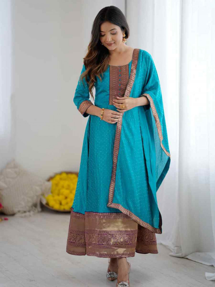 Image of Sky Blue Vichitra Silk Embroidered Festival Casual Gown Women Wear