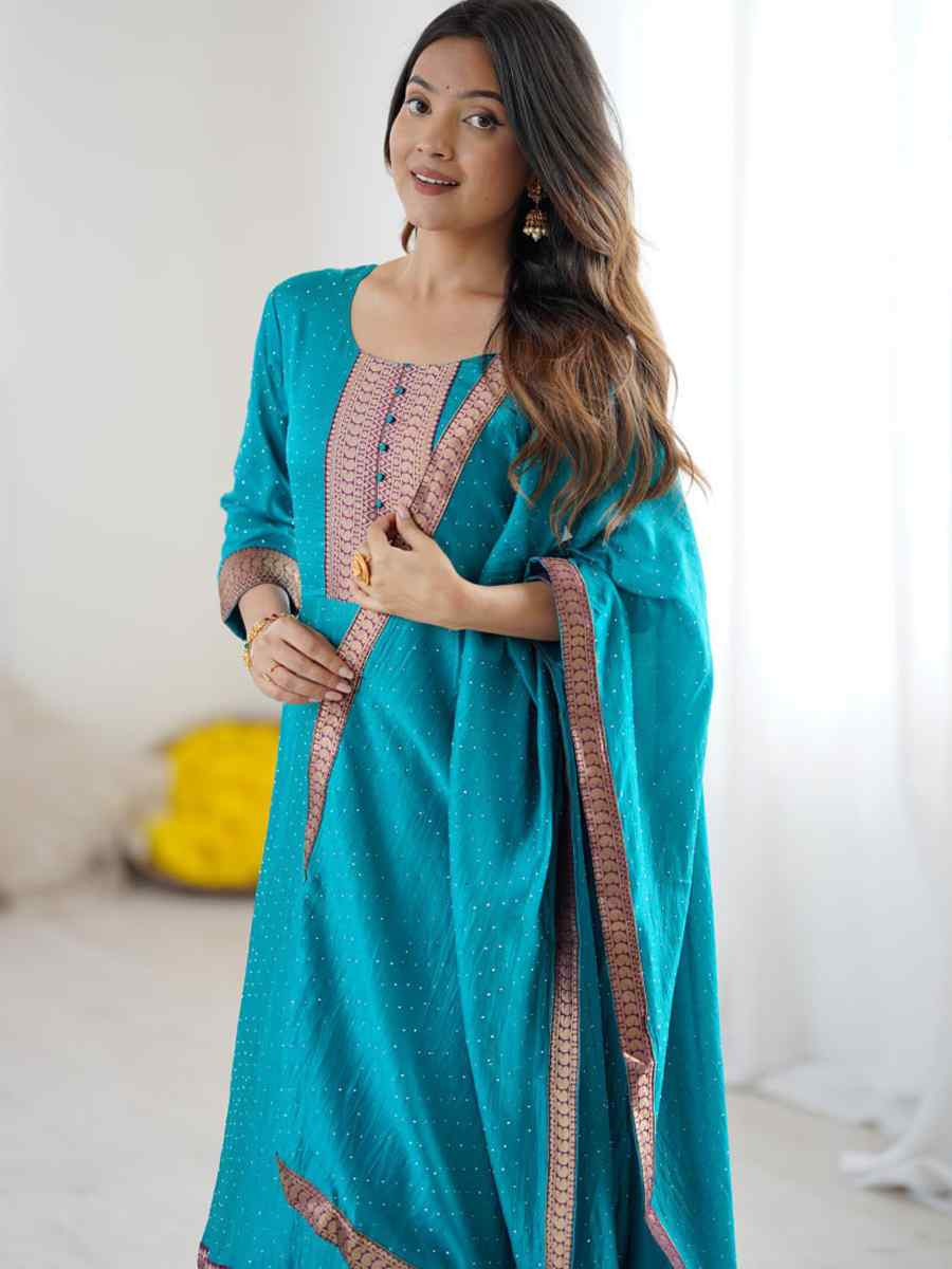 Sky Blue Vichitra Silk Embroidered Festival Casual Gown Women Wear