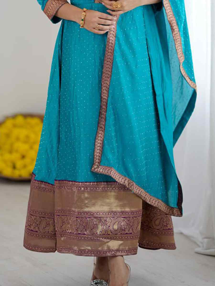 Sky Blue Vichitra Silk Embroidered Festival Casual Gown Women Wear