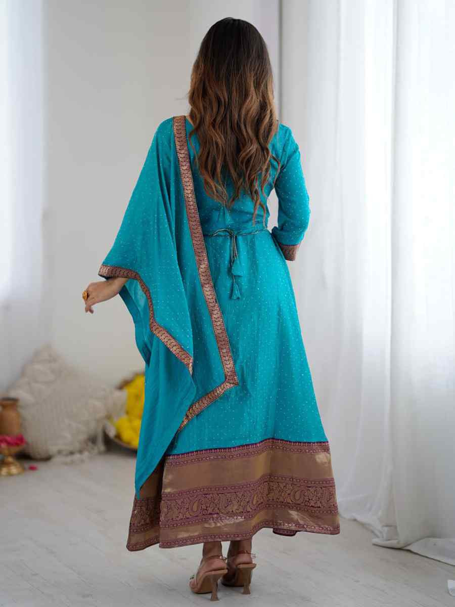Sky Blue Vichitra Silk Embroidered Festival Casual Gown Women Wear