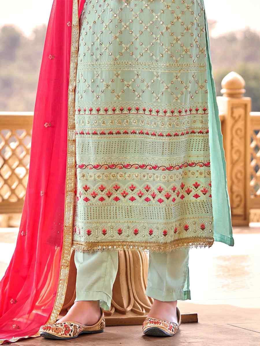 Sky Blue Viscose Bemberg Georgette Embroidered Party Festival Pant Salwar Kameez