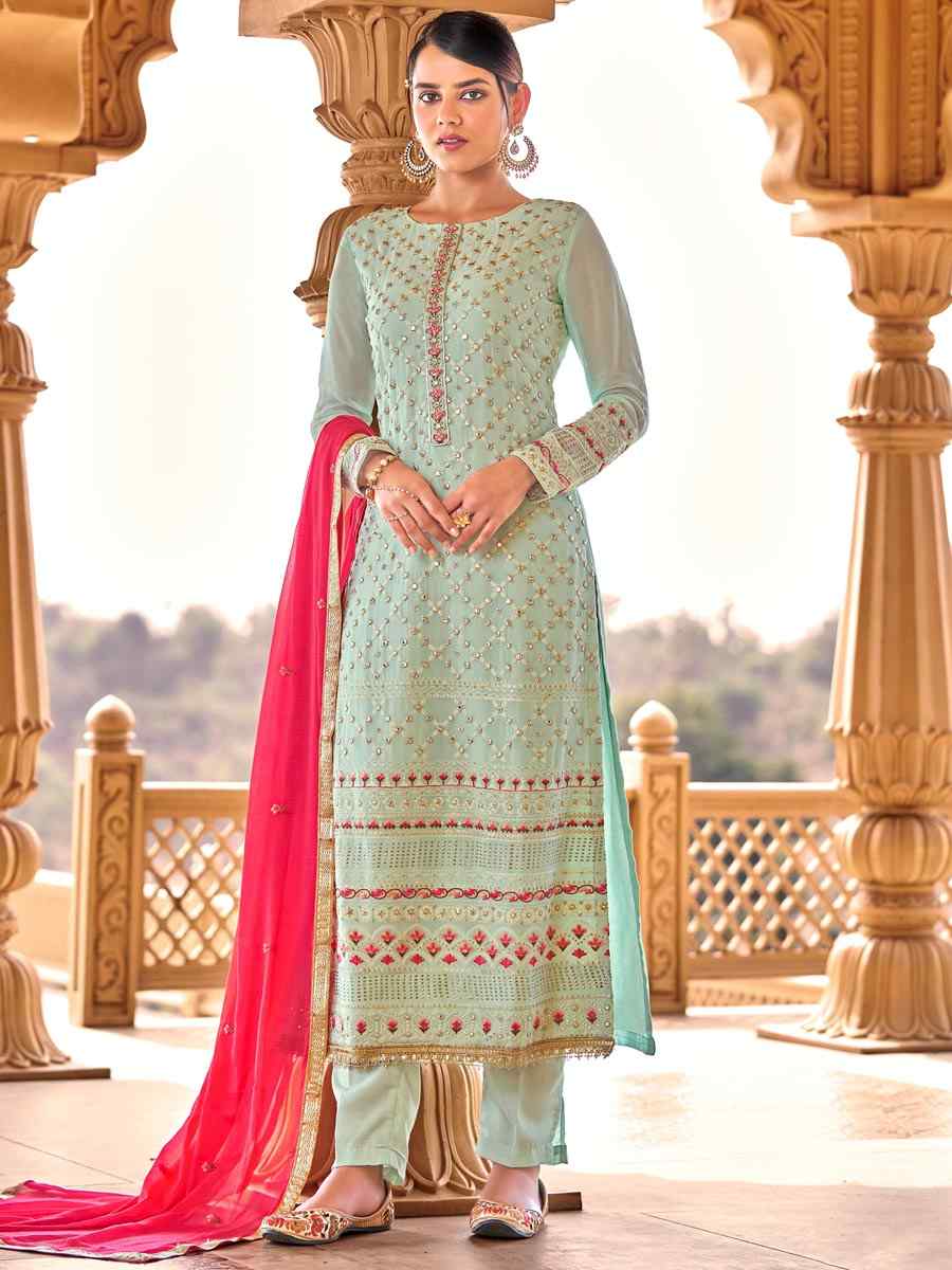 Sky Blue Viscose Bemberg Georgette Embroidered Party Festival Pant Salwar Kameez