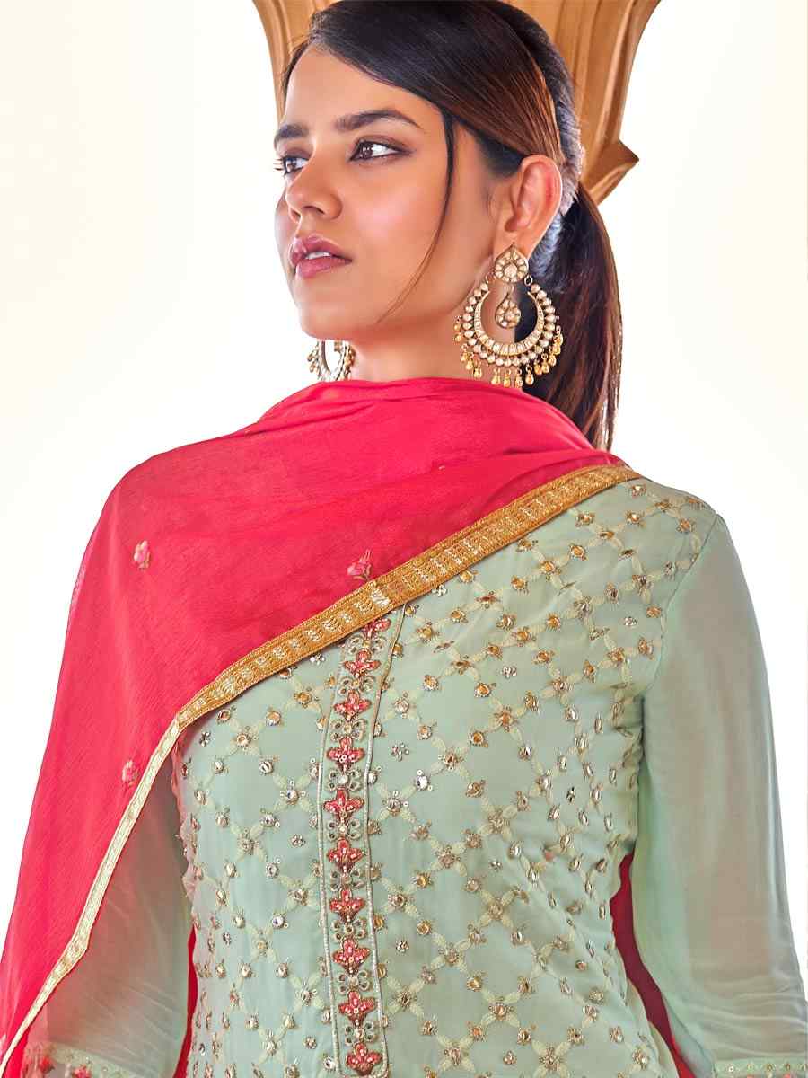 Sky Blue Viscose Bemberg Georgette Embroidered Party Festival Pant Salwar Kameez
