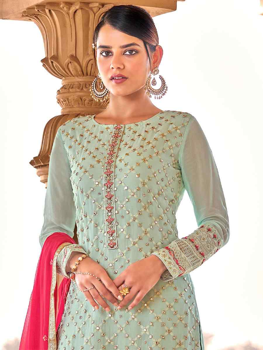 Sky Blue Viscose Bemberg Georgette Embroidered Party Festival Pant Salwar Kameez