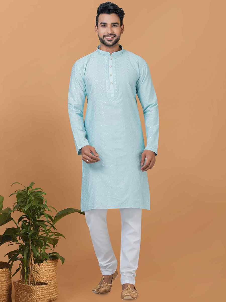 Sky Blue Viscose Cotton Embroidered Festival Wedding Kurta