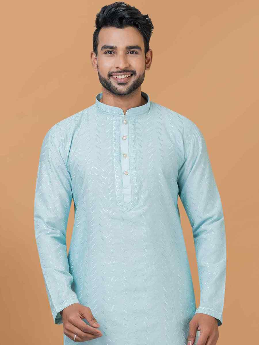 Sky Blue Viscose Cotton Embroidered Festival Wedding Kurta