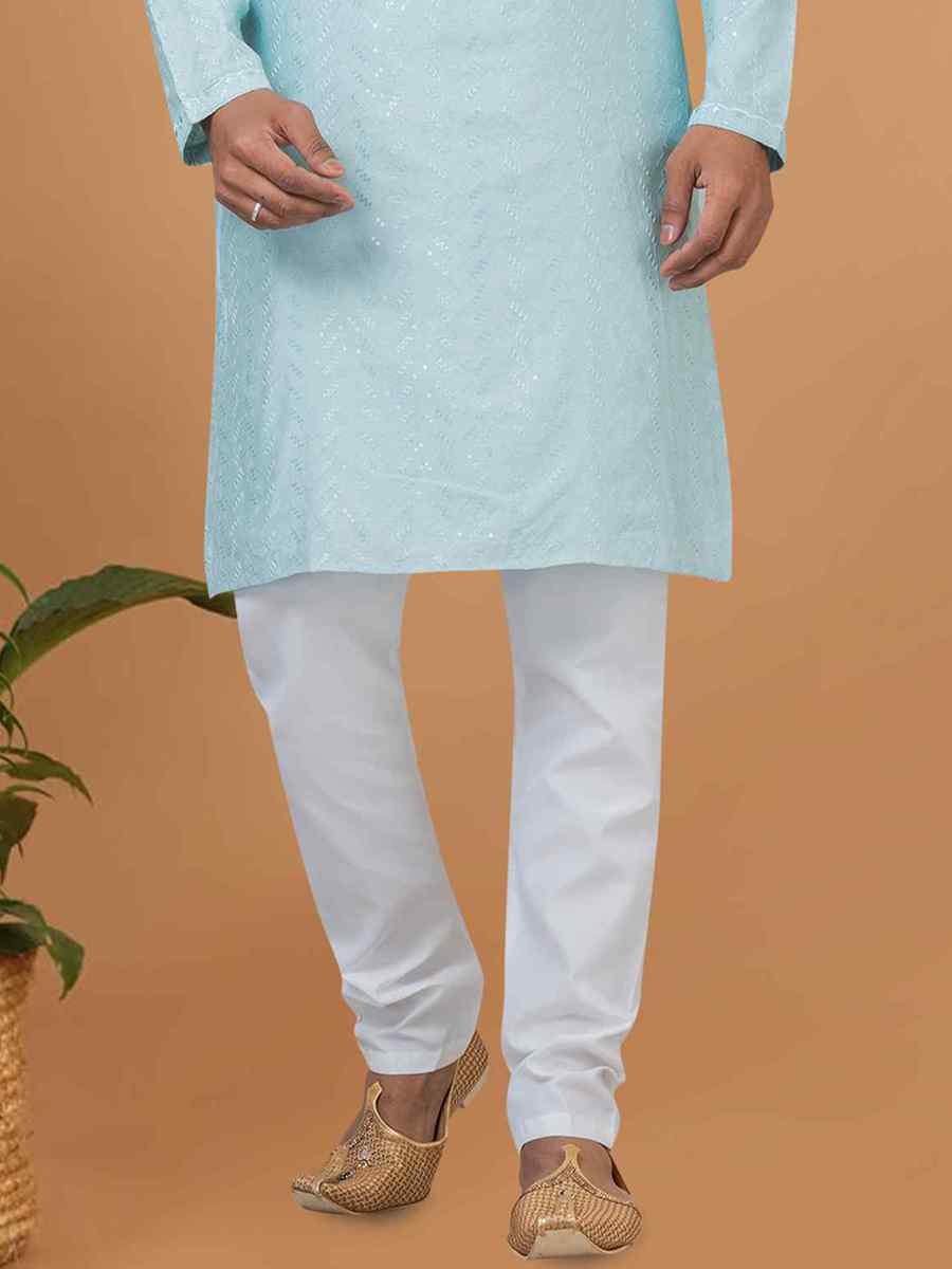 Sky Blue Viscose Cotton Embroidered Festival Wedding Kurta