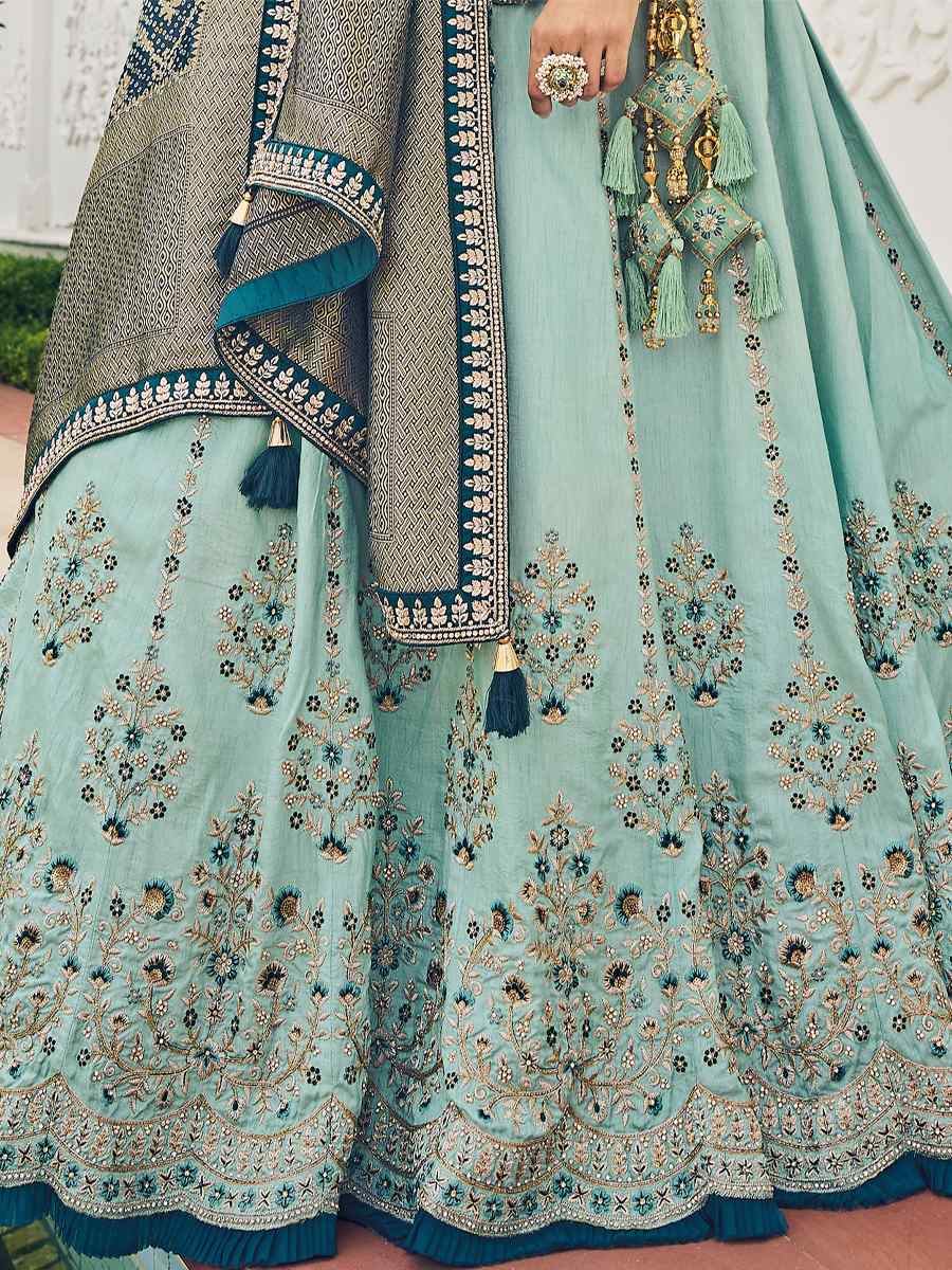Sky Blue Viscose Embroidered Reception Party Wear Heavy Border Lehenga Choli