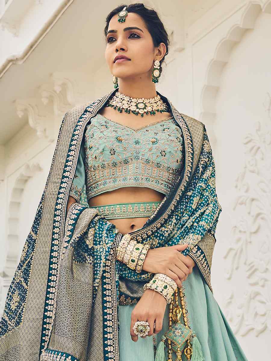 Sky Blue Viscose Embroidered Reception Party Wear Heavy Border Lehenga Choli