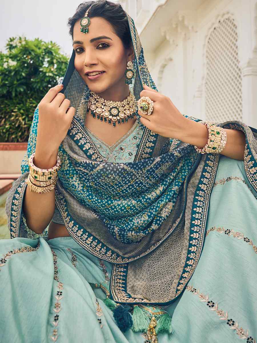 Sky Blue Viscose Embroidered Reception Party Wear Heavy Border Lehenga Choli