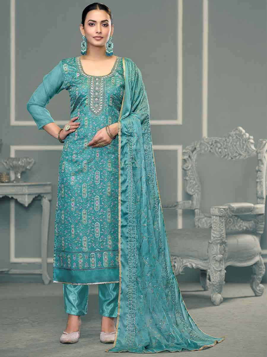 Sky Blue Viscose Organza Embroidered Wedding Festival Pant Salwar Kameez