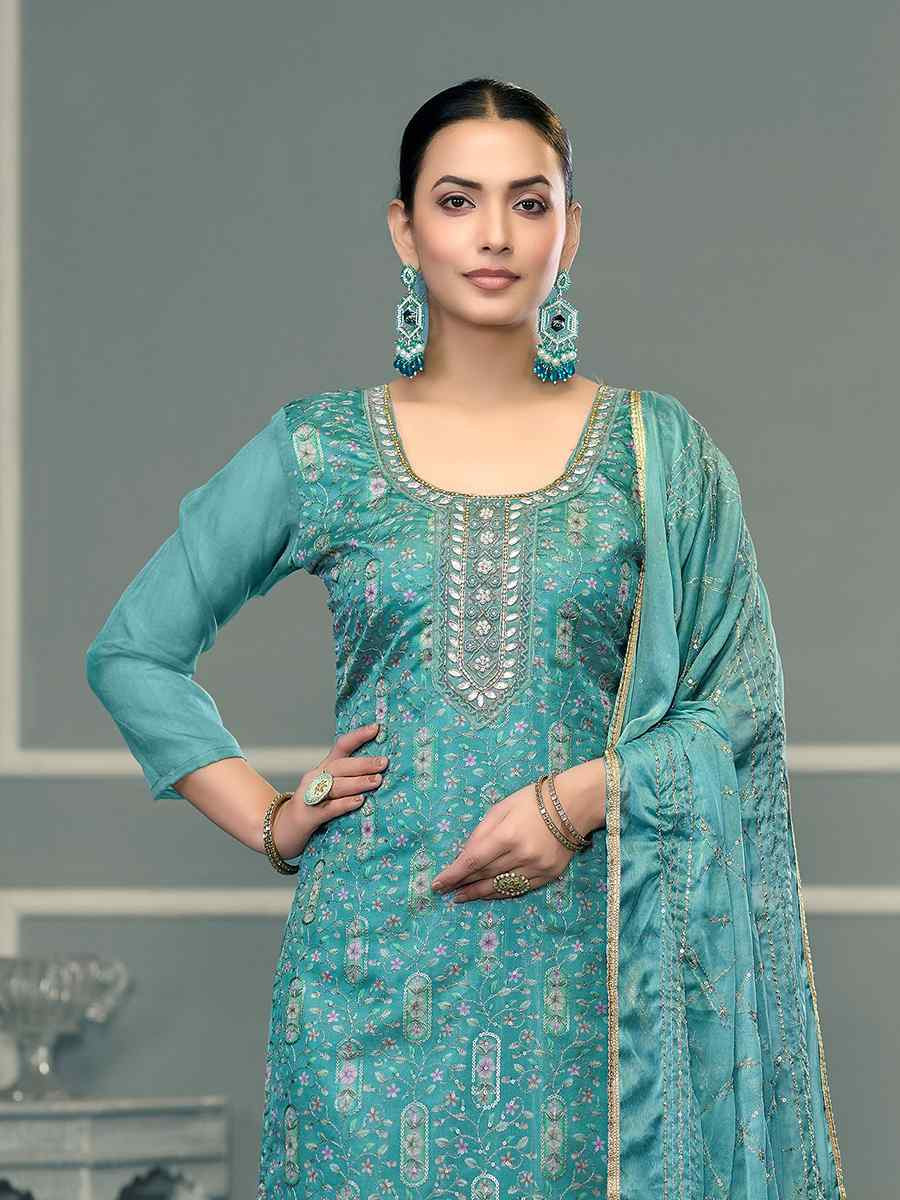 Sky Blue Viscose Organza Embroidered Wedding Festival Pant Salwar Kameez