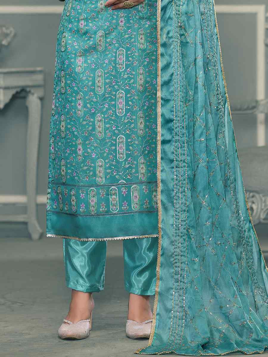 Sky Blue Viscose Organza Embroidered Wedding Festival Pant Salwar Kameez