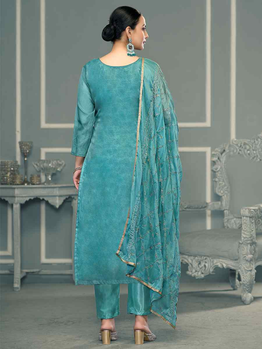 Sky Blue Viscose Organza Embroidered Wedding Festival Pant Salwar Kameez
