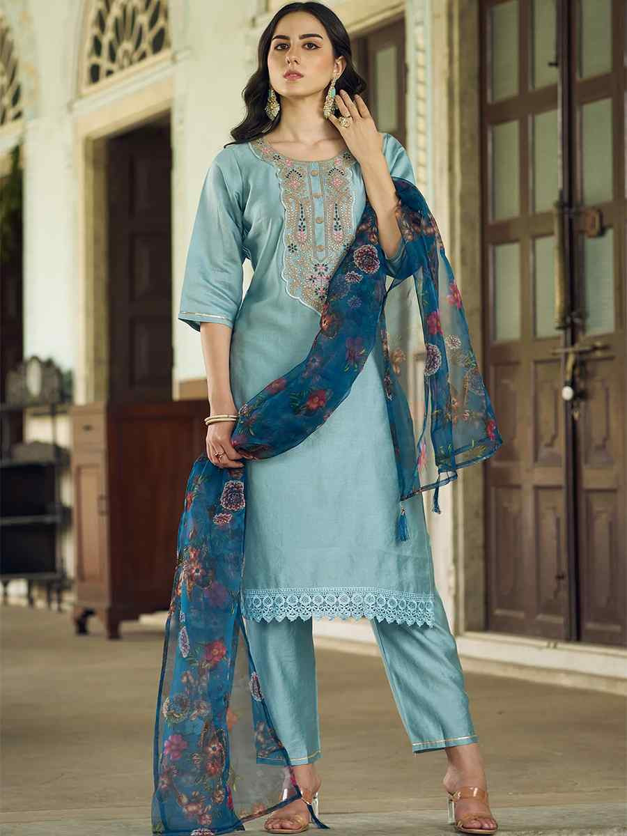 Sky Blue Viscose Rayon Embroidered Mehendi Wedding Ready Pant Salwar Kameez