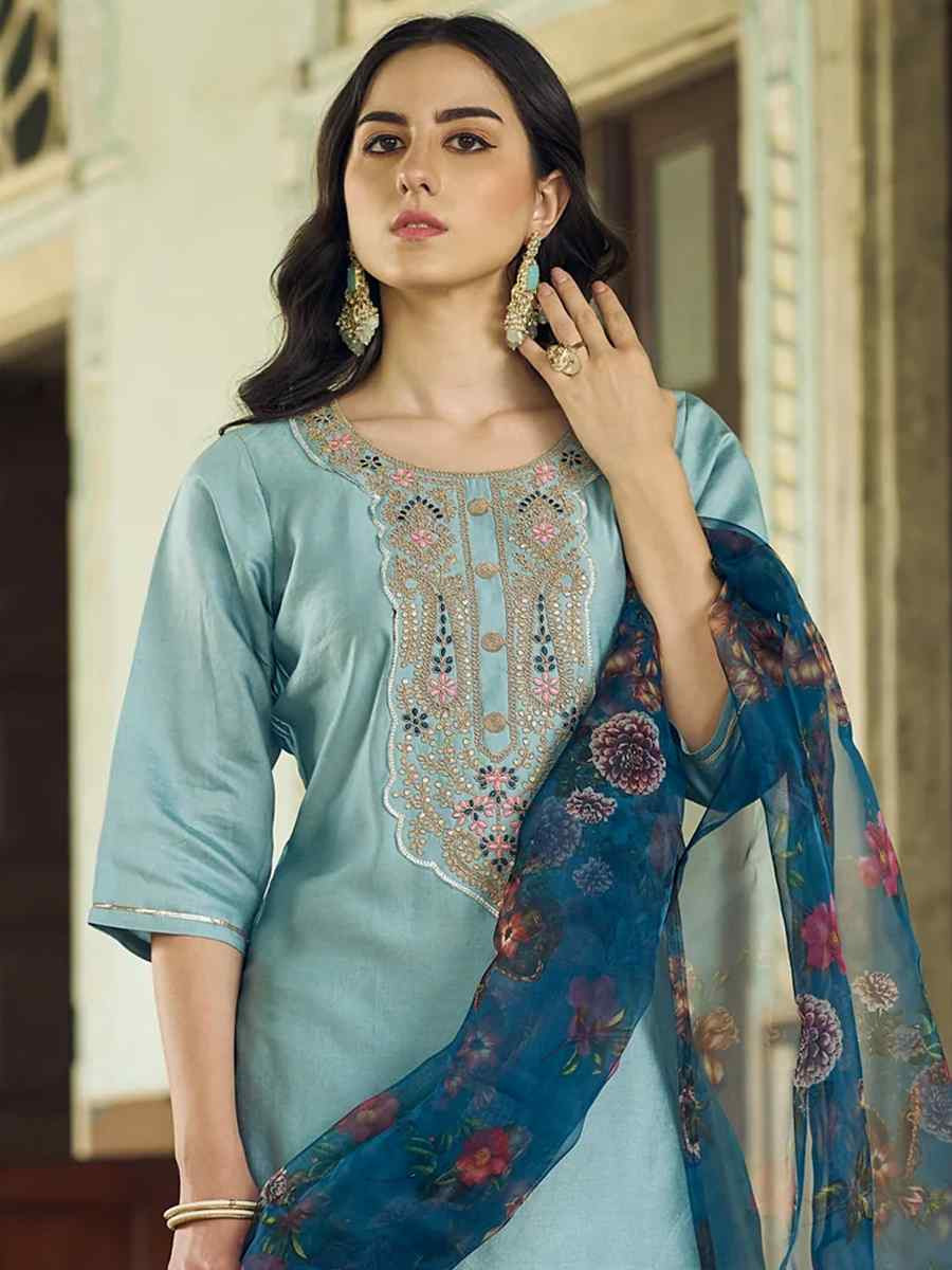 Sky Blue Viscose Rayon Embroidered Mehendi Wedding Ready Pant Salwar Kameez