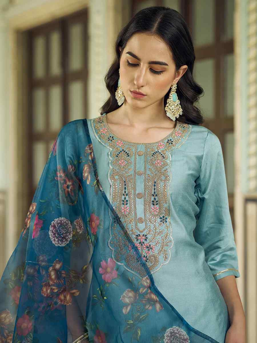 Sky Blue Viscose Rayon Embroidered Mehendi Wedding Ready Pant Salwar Kameez