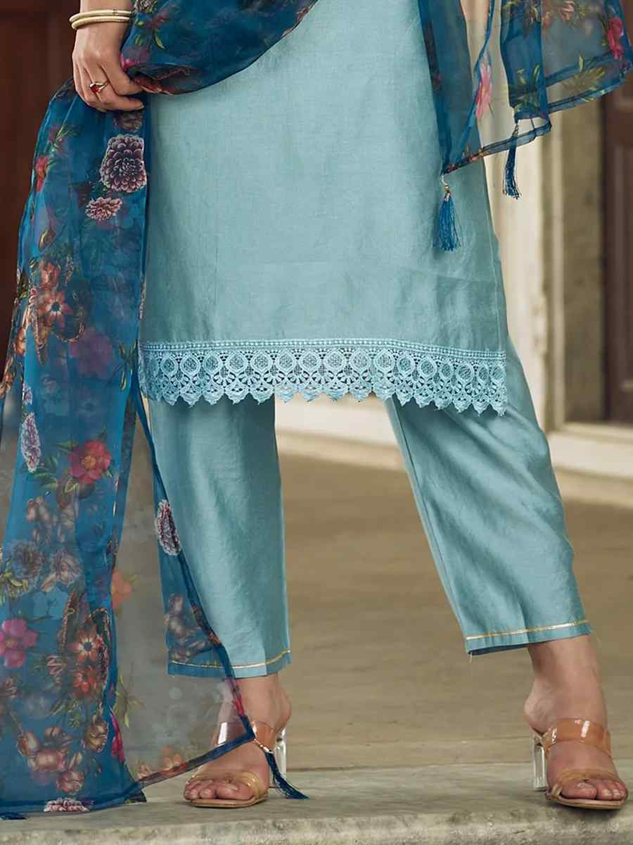 Sky Blue Viscose Rayon Embroidered Mehendi Wedding Ready Pant Salwar Kameez
