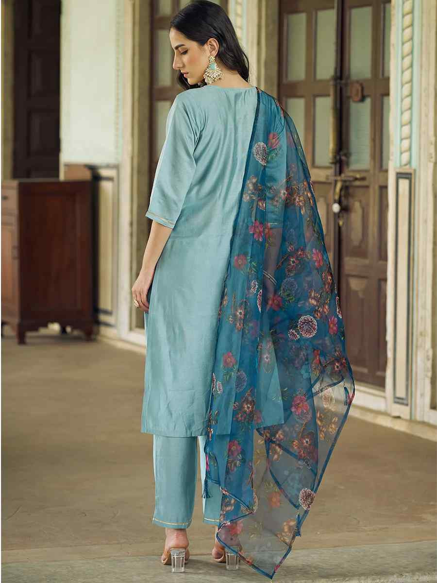 Sky Blue Viscose Rayon Embroidered Mehendi Wedding Ready Pant Salwar Kameez