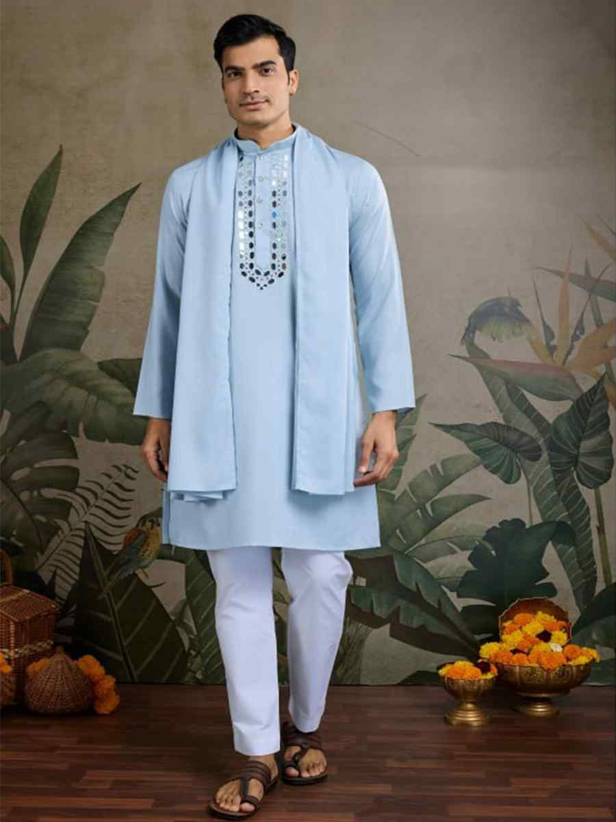 Sky Blue Viscose Rayon Embroidered Party Wedding Kurta With Dupatta