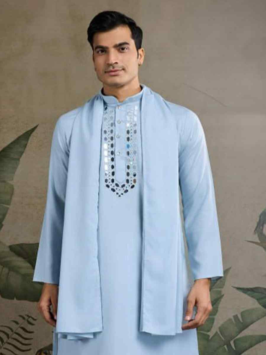Sky Blue Viscose Rayon Embroidered Party Wedding Kurta With Dupatta