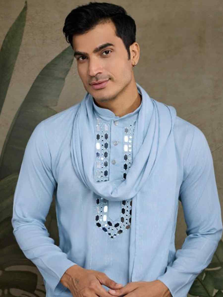 Sky Blue Viscose Rayon Embroidered Party Wedding Kurta With Dupatta