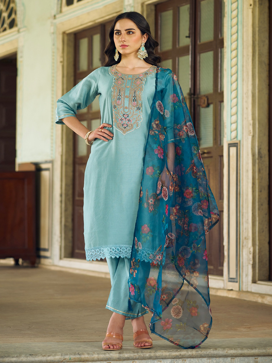 Sky Blue Viscose Rayon Embroidery Sequins Wedding Party Festival Casual Ready Pant Salwar Kameez