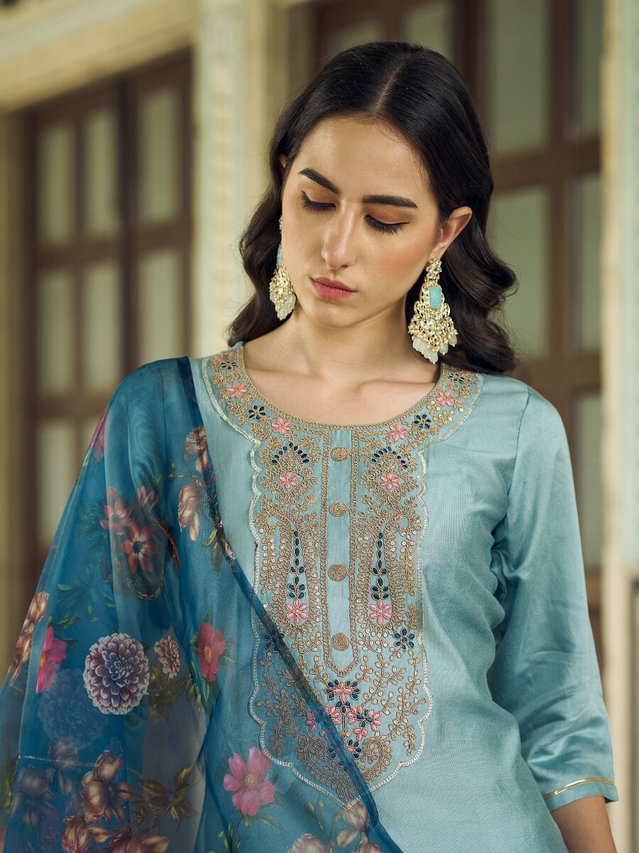 Sky Blue Viscose Rayon Embroidery Sequins Wedding Party Festival Casual Ready Pant Salwar Kameez
