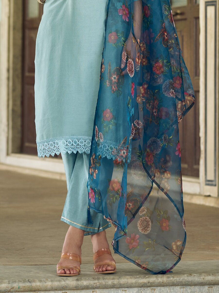 Sky Blue Viscose Rayon Embroidery Sequins Wedding Party Festival Casual Ready Pant Salwar Kameez