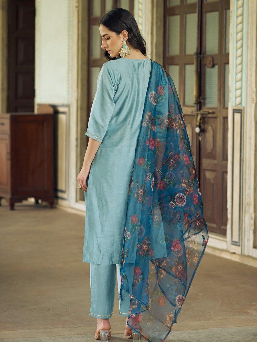 Sky Blue Viscose Rayon Embroidery Sequins Wedding Party Festival Casual Ready Pant Salwar Kameez