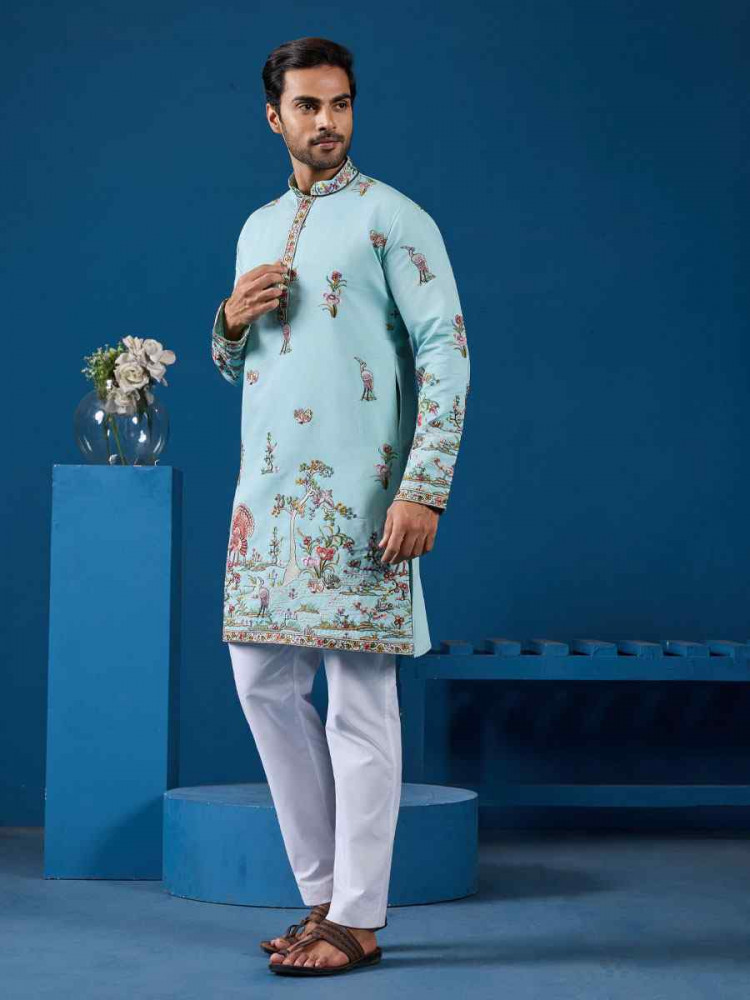 Image of Sky Blue Viscose Silk Embroidery Festival Wedding Party Mens Kurta