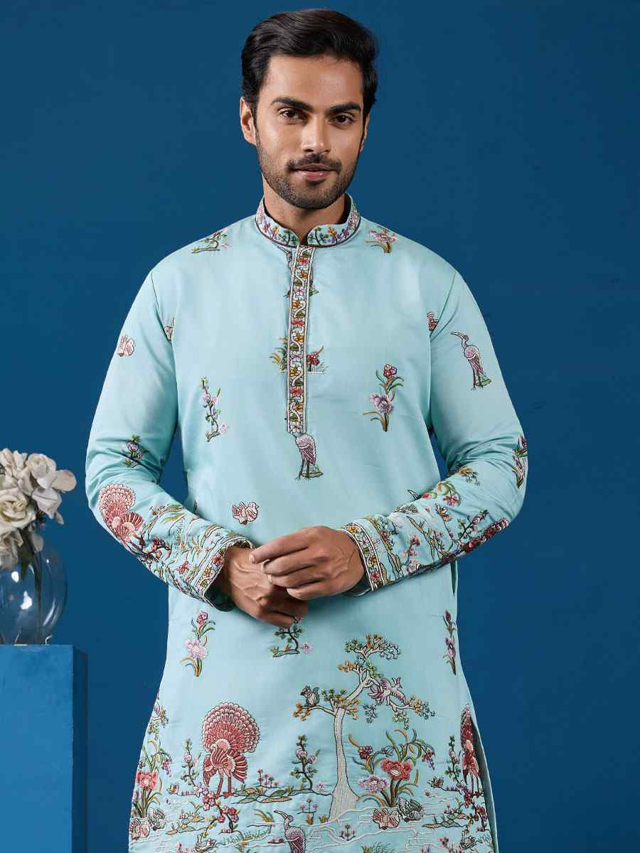 Sky Blue Viscose Silk Embroidery Festival Wedding Party Mens Kurta