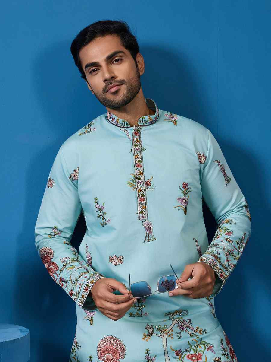 Sky Blue Viscose Silk Embroidery Festival Wedding Party Mens Kurta