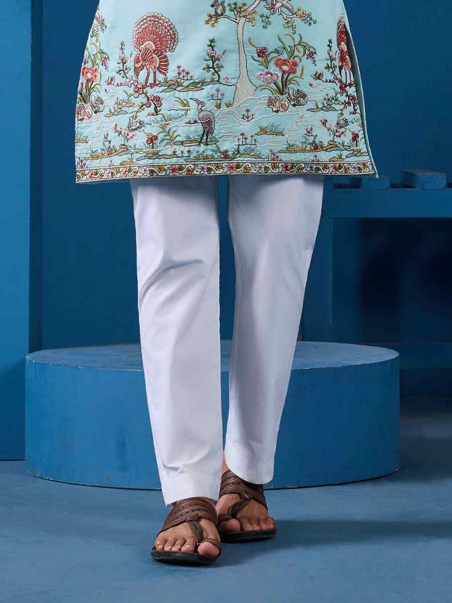 Sky Blue Viscose Silk Embroidery Festival Wedding Party Mens Kurta