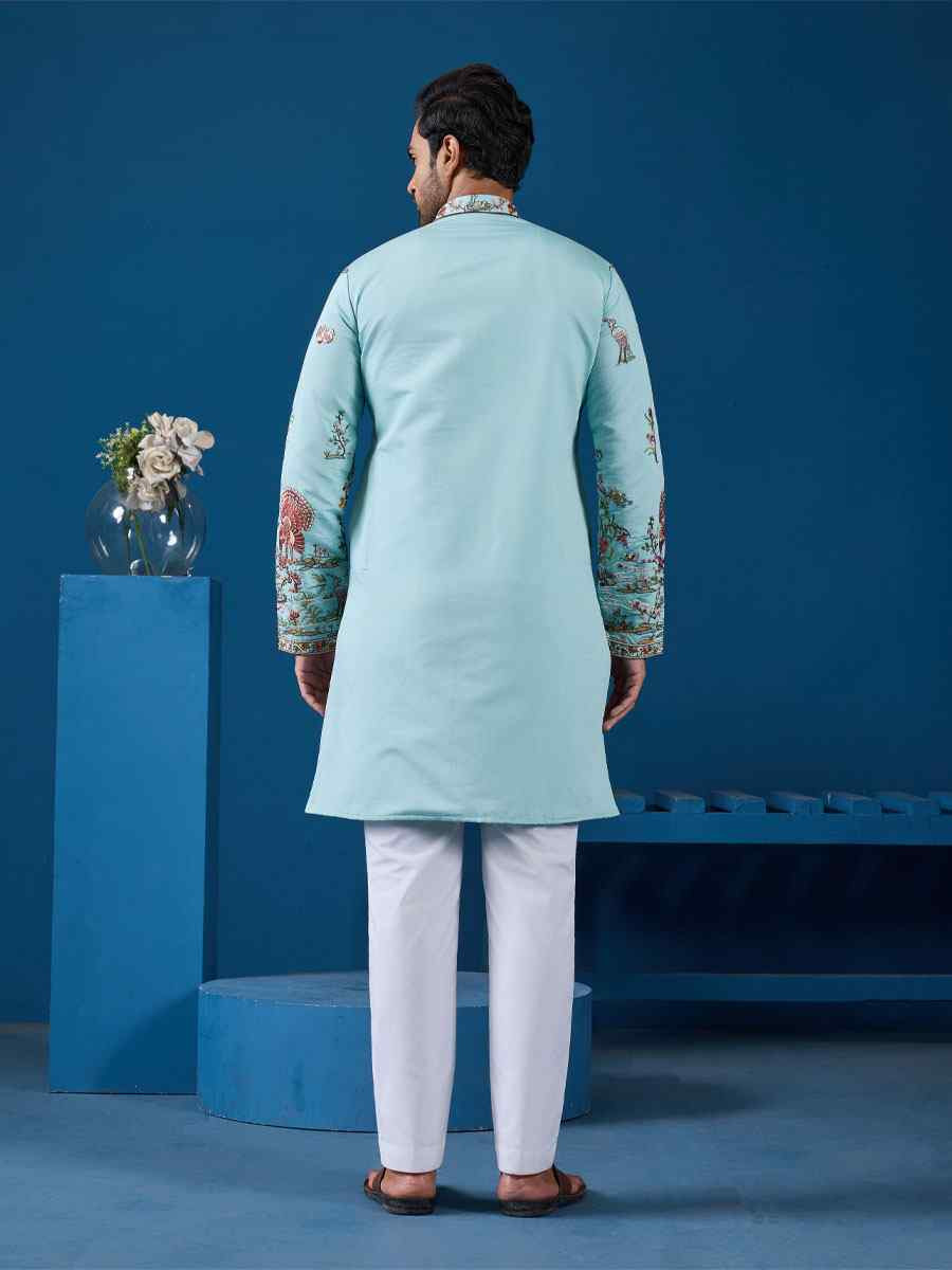 Sky Blue Viscose Silk Embroidery Festival Wedding Party Mens Kurta