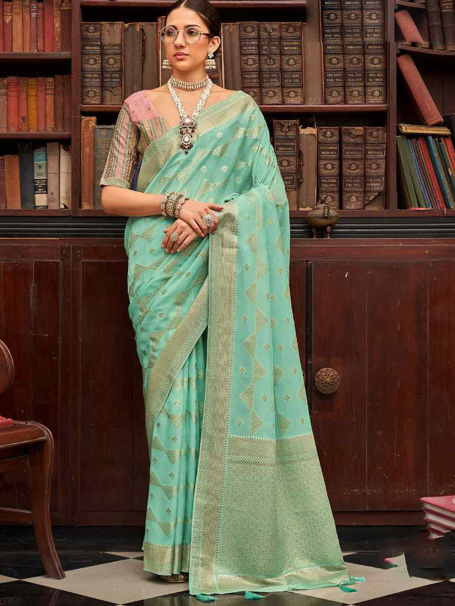 Sky Blue Viscose Silk Handwoven Bridal Reception Festival Wedding Fancy Heavy Border Saree