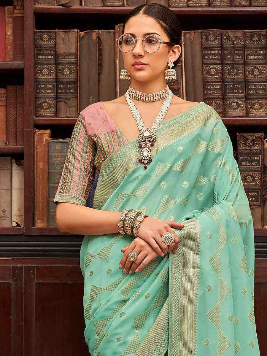 Sky Blue Viscose Silk Handwoven Bridal Reception Festival Wedding Fancy Heavy Border Saree