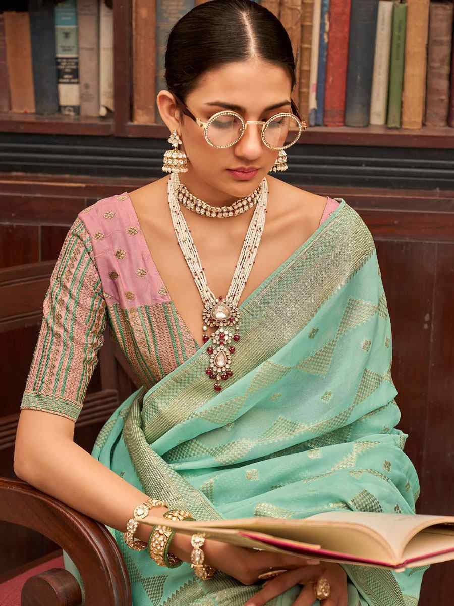 Sky Blue Viscose Silk Handwoven Bridal Reception Festival Wedding Fancy Heavy Border Saree