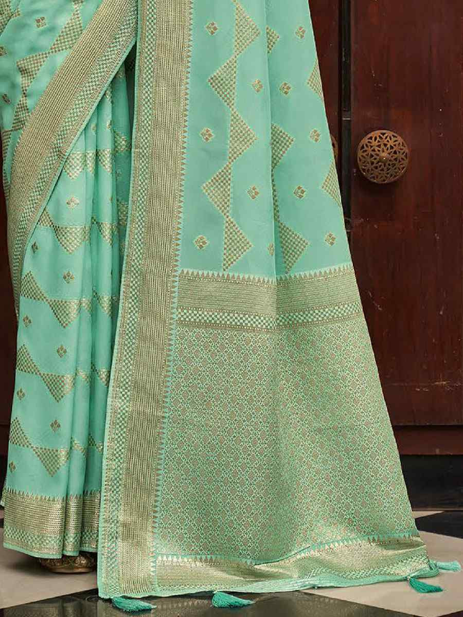 Sky Blue Viscose Silk Handwoven Bridal Reception Festival Wedding Fancy Heavy Border Saree