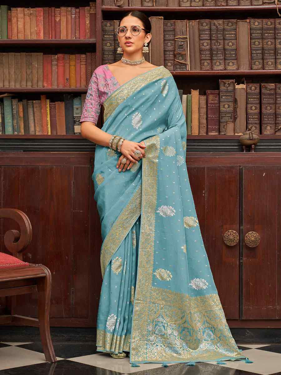 Sky Blue Viscose Silk Handwoven Bridal Reception Festival Wedding Fancy Heavy Border Saree
