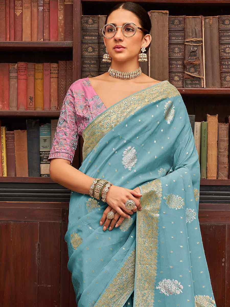 Sky Blue Viscose Silk Handwoven Bridal Reception Festival Wedding Fancy Heavy Border Saree