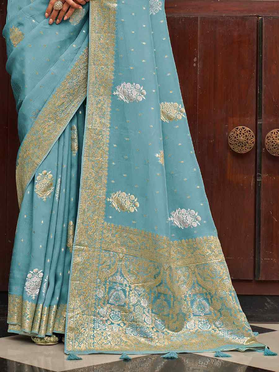 Sky Blue Viscose Silk Handwoven Bridal Reception Festival Wedding Fancy Heavy Border Saree