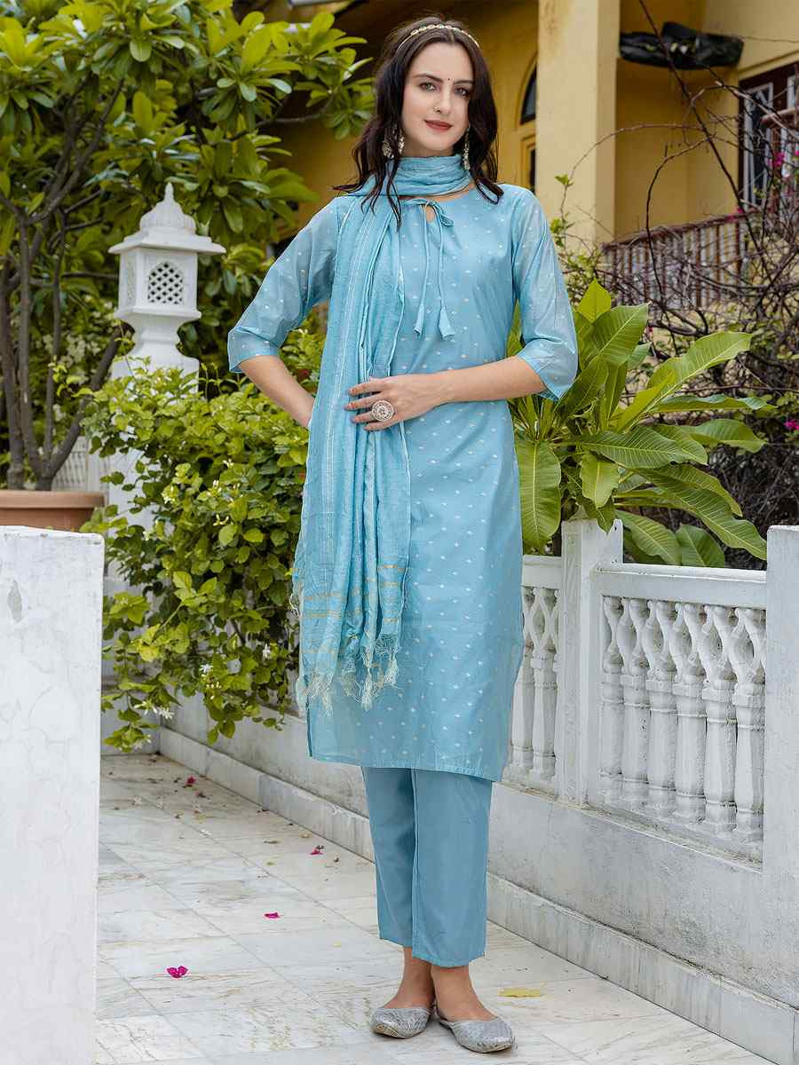 Sky Blue Viscose Silk Handwoven Party Wedding Festival Casual Ready Pant Salwar Kameez