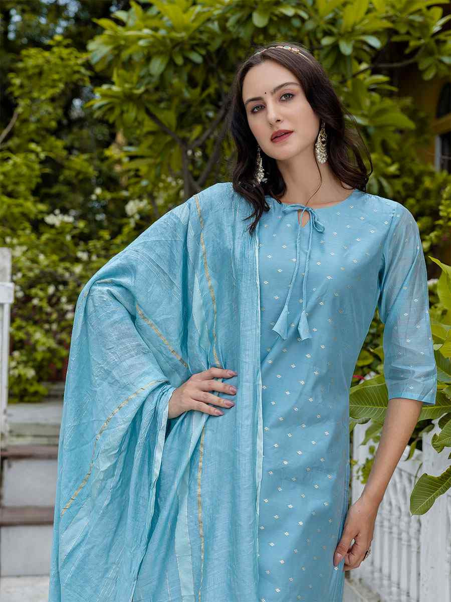 Sky Blue Viscose Silk Handwoven Party Wedding Festival Casual Ready Pant Salwar Kameez
