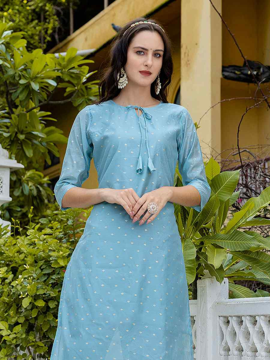 Sky Blue Viscose Silk Handwoven Party Wedding Festival Casual Ready Pant Salwar Kameez