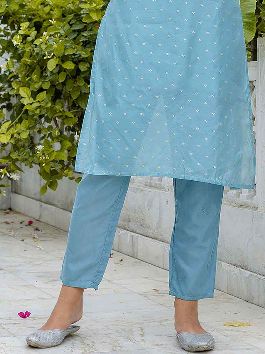Sky Blue Viscose Silk Handwoven Party Wedding Festival Casual Ready Pant Salwar Kameez