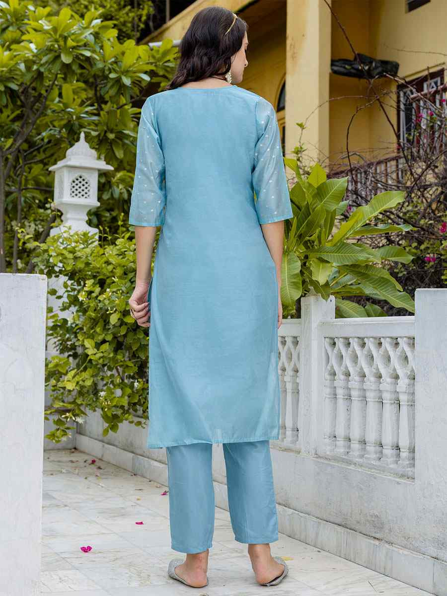 Sky Blue Viscose Silk Handwoven Party Wedding Festival Casual Ready Pant Salwar Kameez